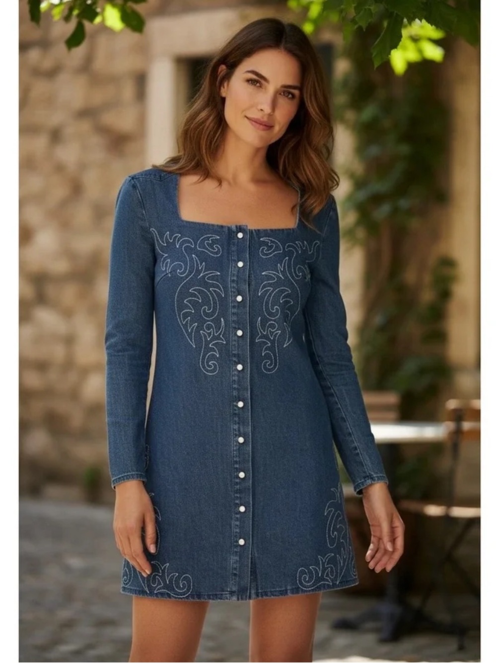 Avec Les Filles Western Embroider Long Sleeve lDenim Minidress PROVENCE WSH 10